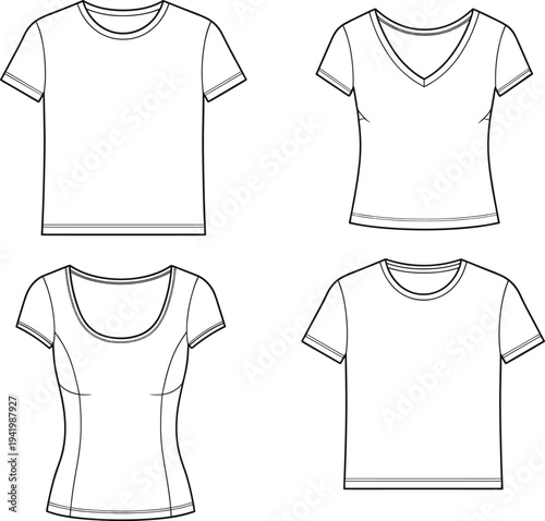 Women’s t-shirt silhouettes, fashion vector set, crew neck, v-neck, scoop neck, cropped tee design, apparel mockup, clothing illustration
