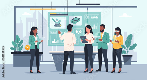 A diverse team of business professionals collaborating in a modern office, analyzing data on a large interactive screen during a presentation.