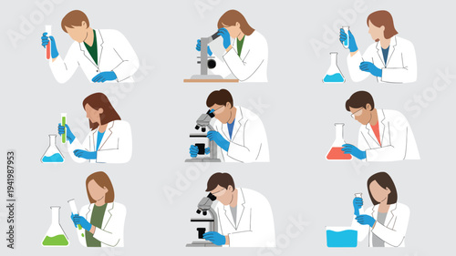 Scientists in lab coats conducting experiments and analyzing samples in a laboratory setting from various viewpoints