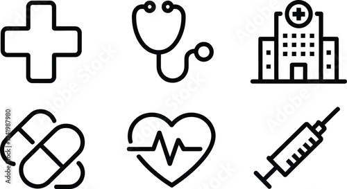 Healthcare stethoscope and heart rate outline icons

