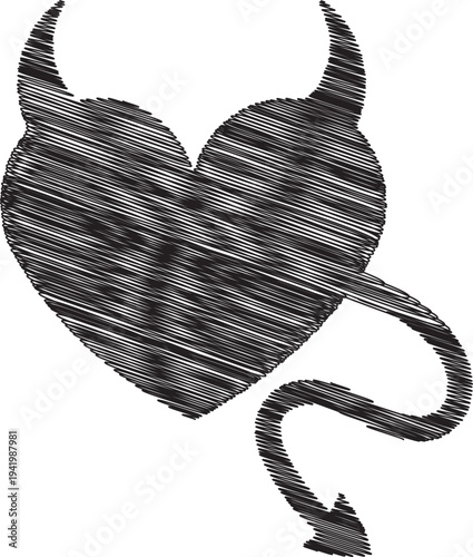 A heart with devil horns and tail representing evil love
