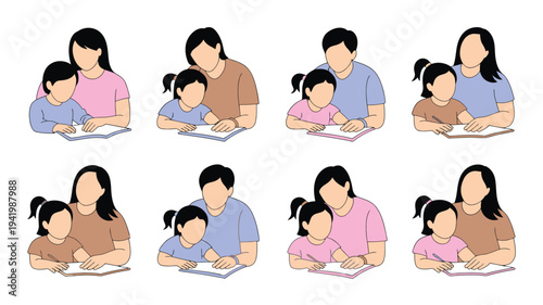 Illustrations of parents and children reading together, showcasing family bonding moments in various poses and attire.
