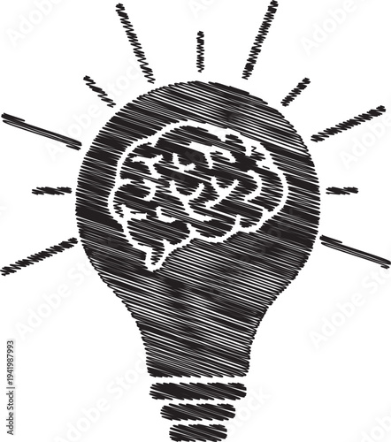 A black and white illustration of a light bulb with a brain inside