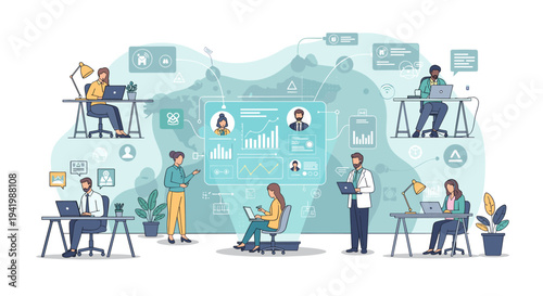 People working remotely and collaboratively, connected through a central digital platform for business management and data analysis.