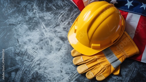Wallpaper Mural Bright yellow hard hat and work gloves on american flag with concrete background, symbolizing labor day and us workers Torontodigital.ca
