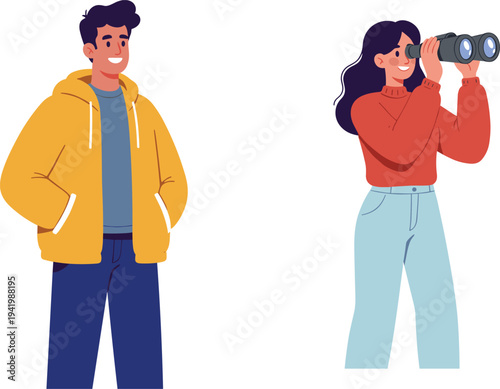 yellow jacket, red sweater, travel couple, outdoor activity, leisure time, lifestyle concept, casual outfit, binocular view, tourism concept, 