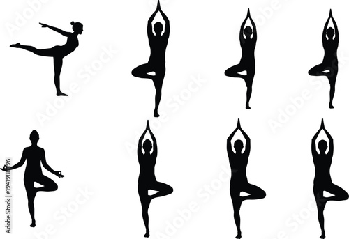 Yoga silhouette illustration with tree pose and meditation, balance posture, mindfulness exercise, wellness fitness, spiritual calm design