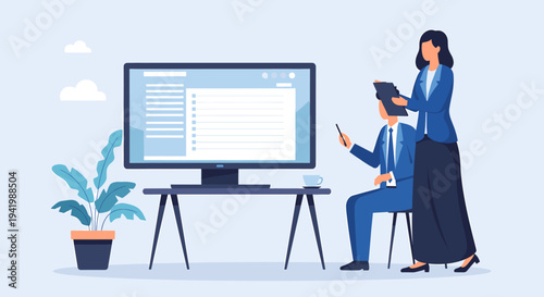 Two business professionals collaborating in an office setting, reviewing data on a large computer monitor.