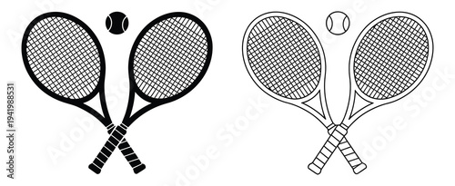 Tennis Rackets and Ball Icon Vector Illustration, Black Silhouette Sports Symbol Isolated on White Background, Crossed Tennis Racket Emblem for Tournament, Club Logo, Fitness, and Game Design