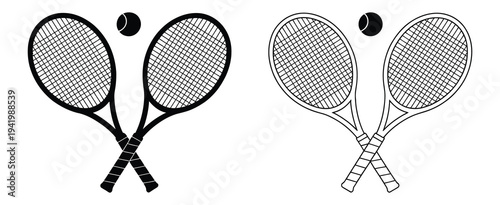 Tennis Rackets and Ball Icon Vector Illustration, Black Silhouette Sports Symbol Isolated on White Background, Crossed Tennis Racket Emblem for Tournament, Club Logo, Fitness, and Game Design