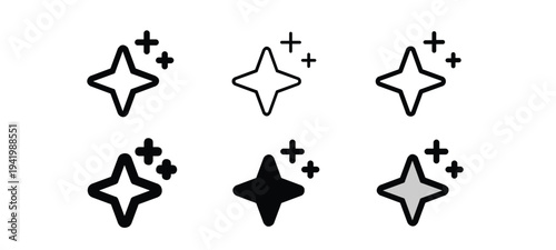 Clean vector icons showing sparkle and shine effects in outline and filled styles, ideal for user interface design, web graphics, and projects symbolizing quality