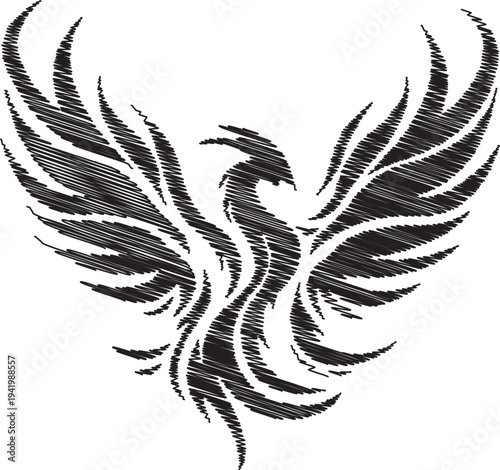 A black and white illustration of a mythical bird with spread wings