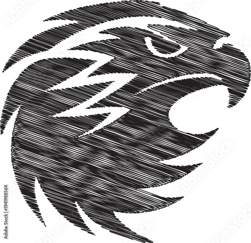 A stylized illustration of an eagle's head in black and white