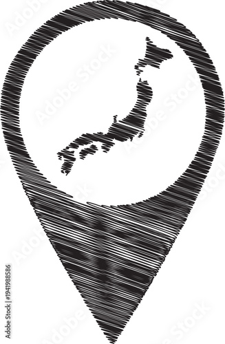 A black and white image of japan on a map pin