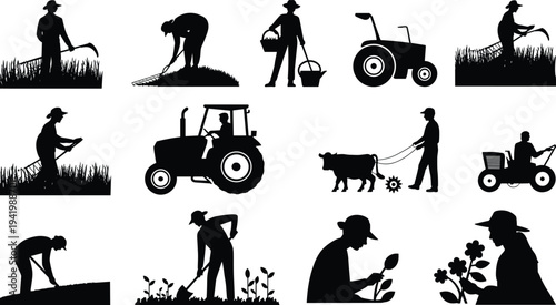Agriculture farmer silhouettes collection, farming tractor harvesting planting rural worker activity icons isolated black vector illustration