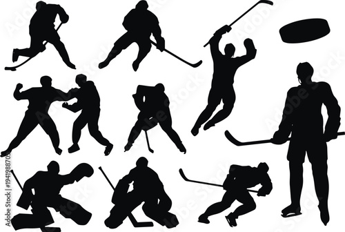Black silhouette illustration of ice hockey players in dynamic action poses including skating, shooting, defending, celebrating, and goaltending with puck, representing sport, teamwork, and athletic 