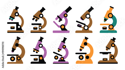 A collection of stylized microscope illustrations displayed in a grid arrangement on a clean white background viewed from a straightforward perspective