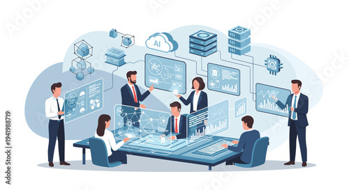 A team of professionals collaborating around a futuristic holographic interface displaying data and AI concepts.