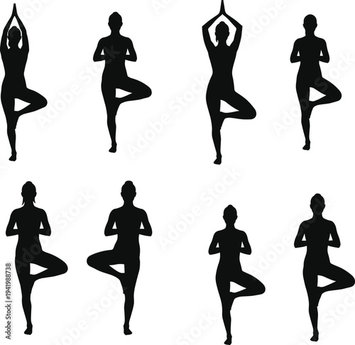 Yoga tree pose silhouette illustration, Vrksasana balance posture, meditation exercise, mindfulness, fitness, wellness, spiritual concept design
