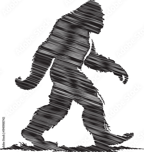 A large hairy creature is walking through the forest with a slow pace