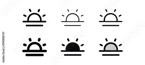 Versatile icon set depicting sunrise and sunset phenomena over a horizon, perfect for user interface design, symbolizing new beginnings, daily cycles, or weather conditions in multiple vector styles