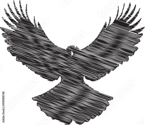 A black and white image of an eagle with its wings spread wide open