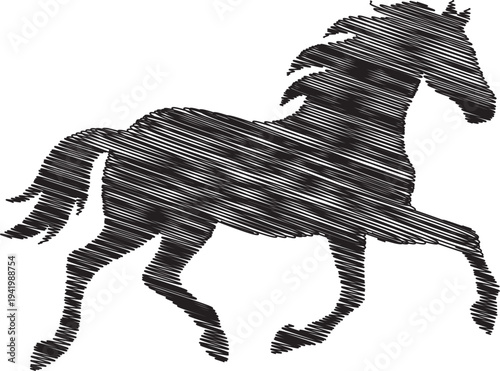 A black horse silhouette made of small dots and lines on white background