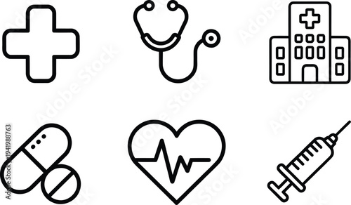 Healthcare stethoscope and heart rate outline icons set

