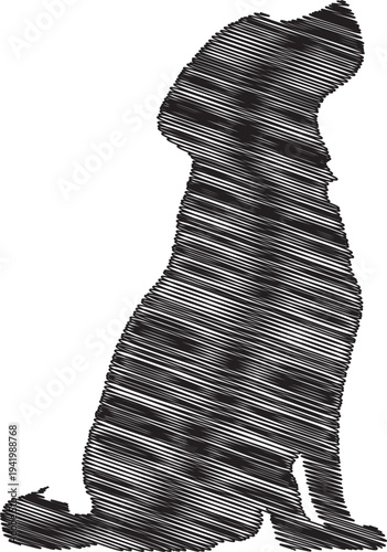 A black and white image of a sitting dog with a unique pattern