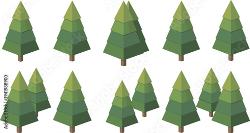 Low poly evergreen trees collection in geometric style with green triangular foliage layers and brown trunks, stylized forest design for digital illustration, video game, eco concept