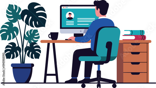 Modern home office workspace illustration showing person working at computer desk with monitor, coffee cup, books, potted plant, remote work productivity and digital communication concept