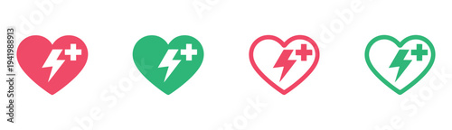 AED, automated external defibrillator sign in red and green  flat style emergency defibrillator icon with heart pulse and electric shock