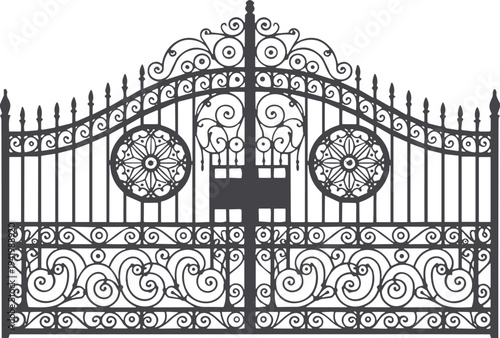 Ornate wrought iron gate illustration with symmetrical scrollwork, floral patterns, circular medallions, curved arch, and decorative finials, representing craftsmanship, architecture, metalwork