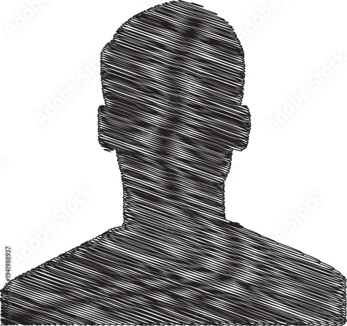 A black and white image of a person made up of tiny words and characters