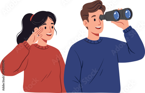 Young couple exploring together, man using binoculars, woman smiling and talking, outdoor adventure concept, teamwork, curiosity, discovery, cartoon illustration