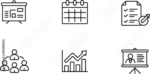 Calendar and business growth chart outline icons set

