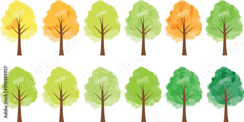 Stylized seasonal trees collection with brown trunks and colorful foliage in shades of green, yellow, and orange, representing spring, summer, autumn changes for digital illustration design