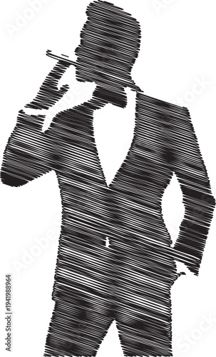 A man in suit and tie is singing into a microphone silhouette