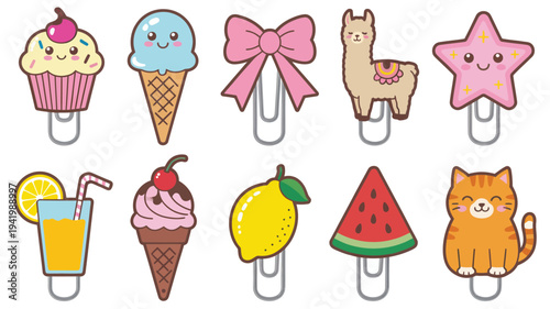 A collection of 10 cartoon-style food and animal illustrations on stands displayed together in a grid-like arrangement