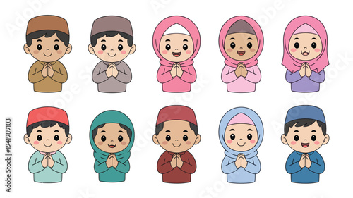 Diverse group of cartoon people in prayer with hands together, various clothing and headwear, simple facial expressions, white background, 2D illustration, front view