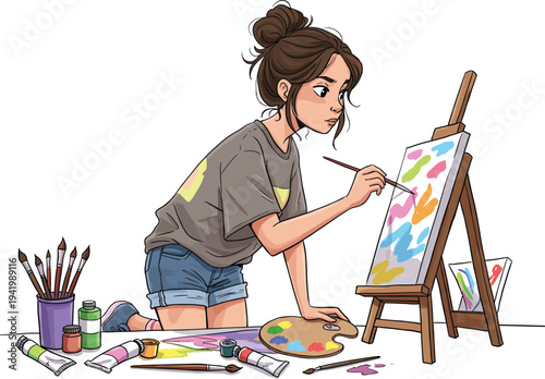 Young woman painting on canvas, creative art process, abstract colors, artistic lifestyle, hobby, inspiration illustration