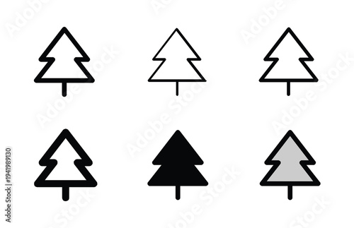 Collection of six stylized Christmas tree icons in outline and filled variations on a white background