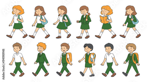 Cartoon illustrations of children walking to school with backpacks in a uniform