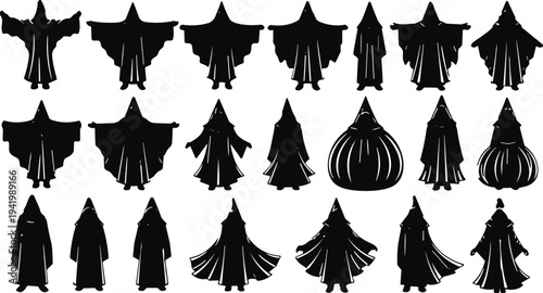 Christmas tree silhouettes collection, pine fir spruce holiday decoration icons set isolated black vector illustration for festive winter design
