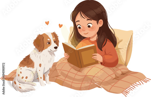 Young woman reading book with dog, cozy home lifestyle, friendship, love, relaxation, pet companionship illustration