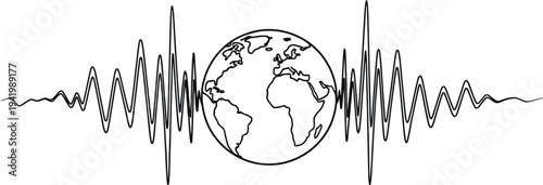Seismic activity representation with a stylized earth globe amidst waveform patterns
