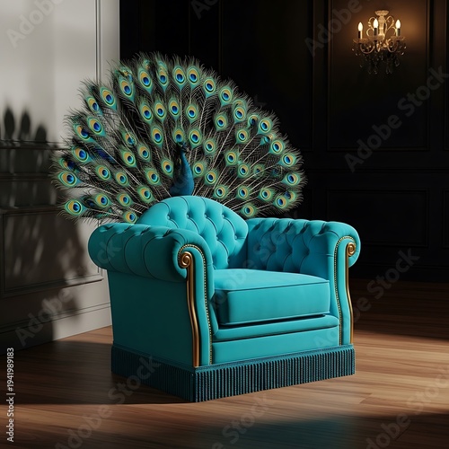 Teal armchair with peacock feathers on the backrest in a dark room