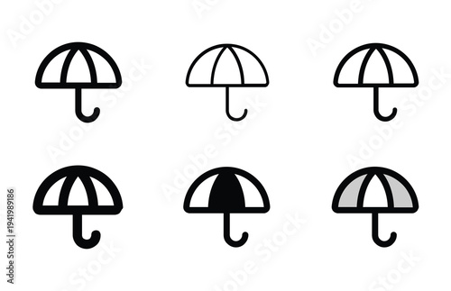Set of six umbrella icons in outline and filled styles, representing protection and weather safety