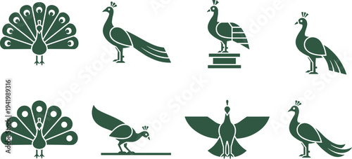 Elegant green peacock silhouettes set featuring majestic birds with open tail feathers for luxury branding exotic wildlife logos and decorative nature-themed graphic designs.