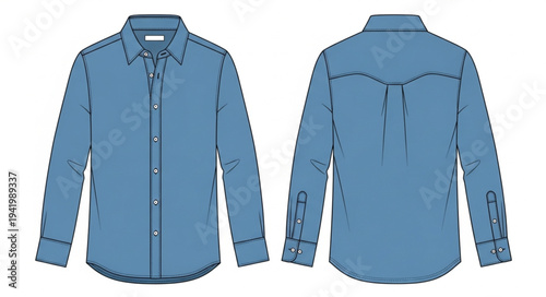 Denim Western Shirt - Front and Back View Fashion Illustration.